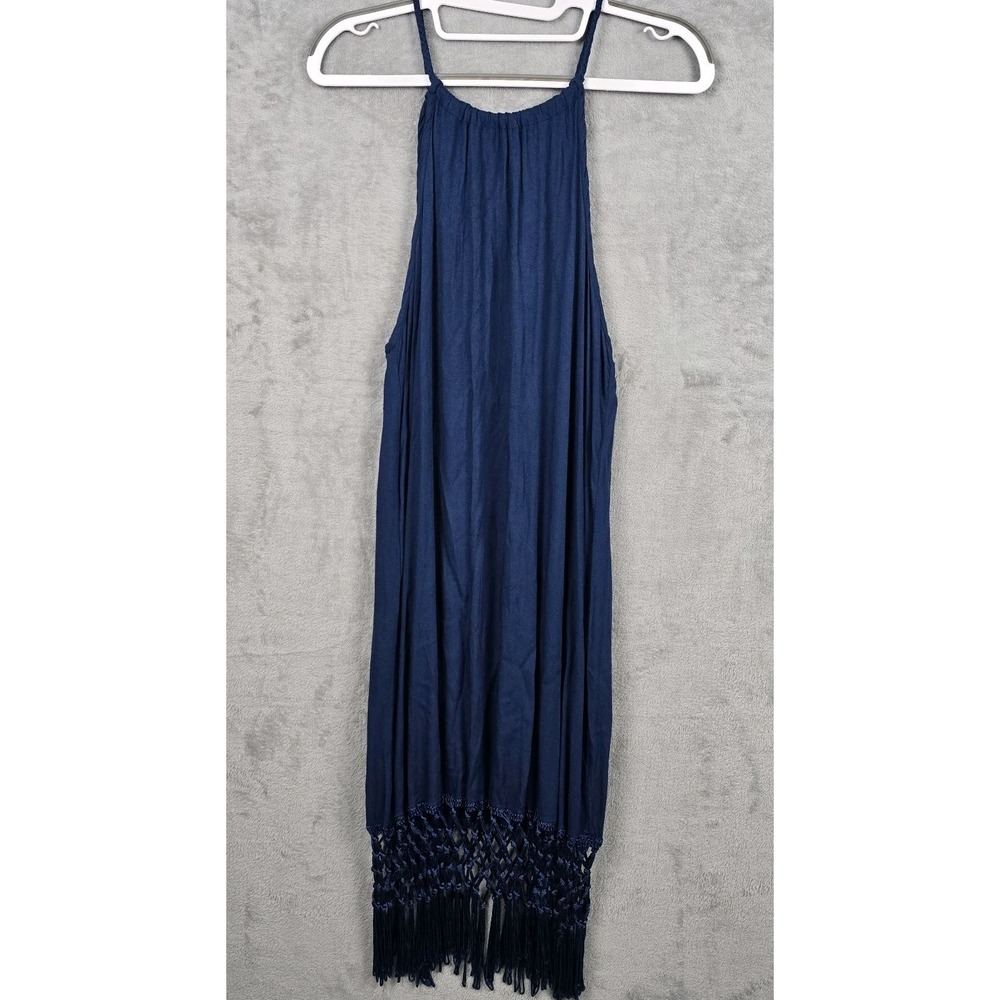 Mud Pie Womens Navy Blue Halter Mini Dress Macrame Fringe Hem Boho‎ Medium 8-10